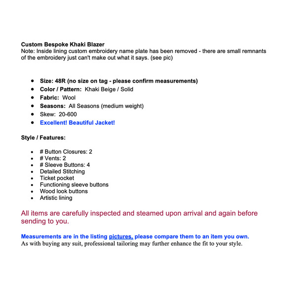 Custom Bespoke 48R Khaki Beige Blazer Sport Coat Jacket Loaded - Picture 3 of 16